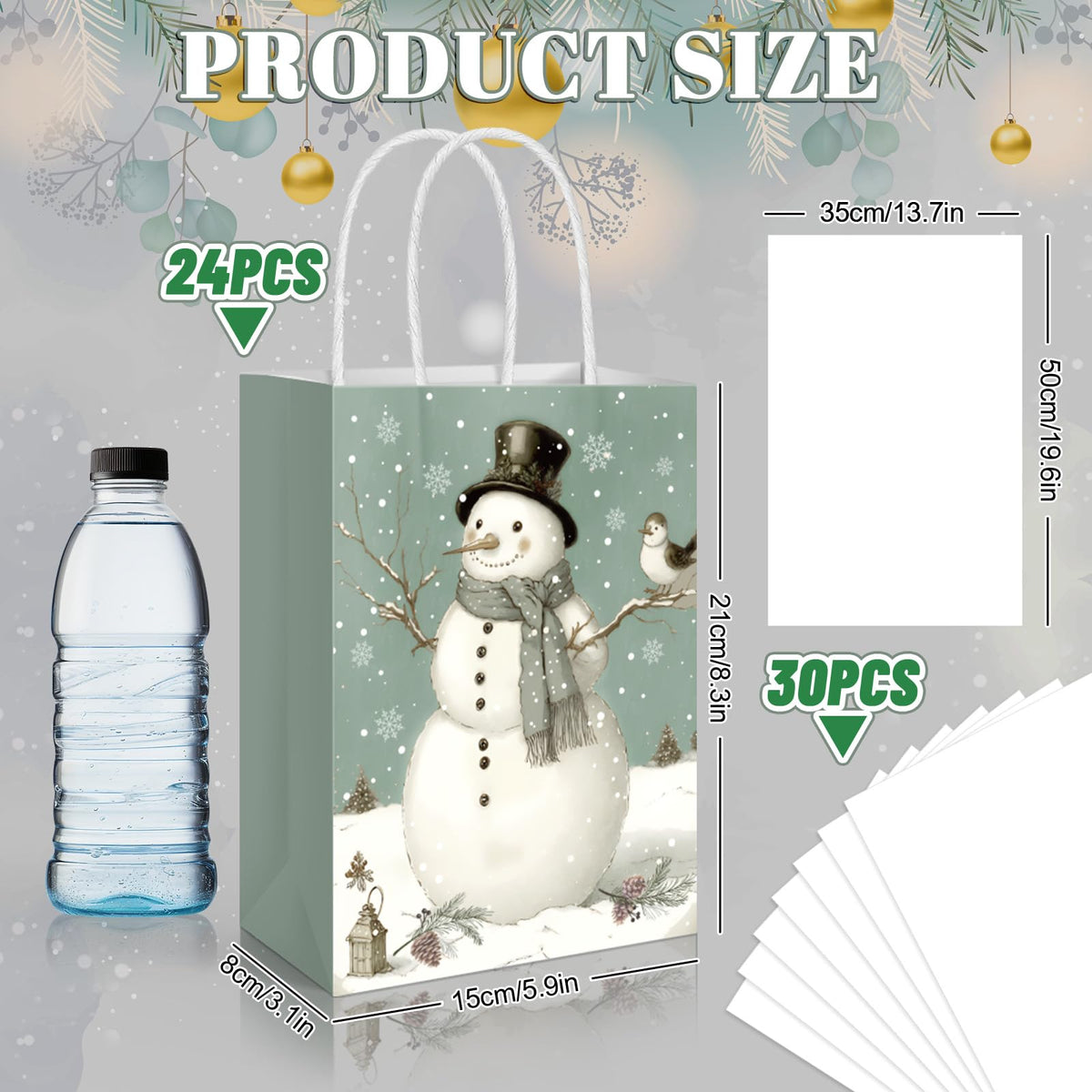 JarThenaAMCS 24 Pcs Christmas Paper Gift Bags with Tissue Paper Sage Green Xmas Tree Snowman Party Favor Large Bags with Handle Goodie Candy Treat Bags for Winter Wedding Holiday
