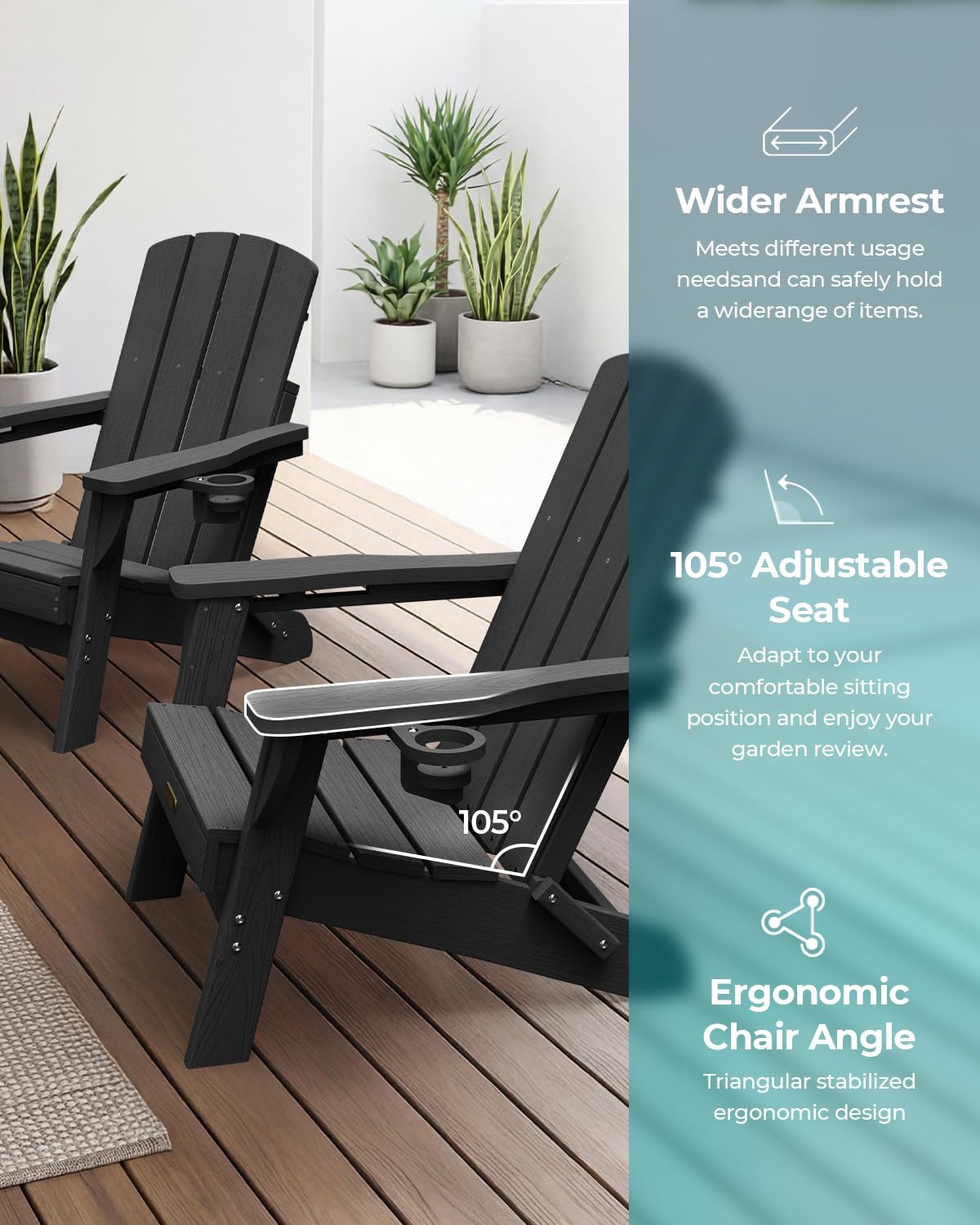 SUUNYN Folding Adirondack Chair, HDPE Adirondack Chairs with 2 Cup Holder, Plastic All-Weather Fire Pit Chairs, Outdoor Lawn Chair for Patio Garden (Black)