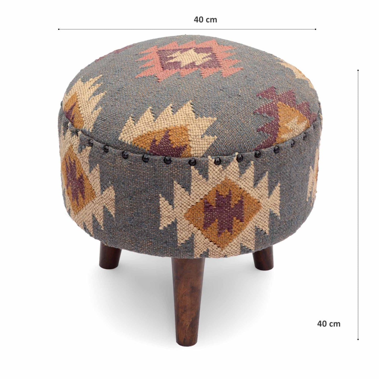 NATURAL FURNISH Handmade Kilim Jute Pouf Ottoman Stool | Round Upholstered Seating with Acacia Wood Base | Decorative Foot Rest for Living Room, Bedroom, Hallway, Office & Lounge (Grey)