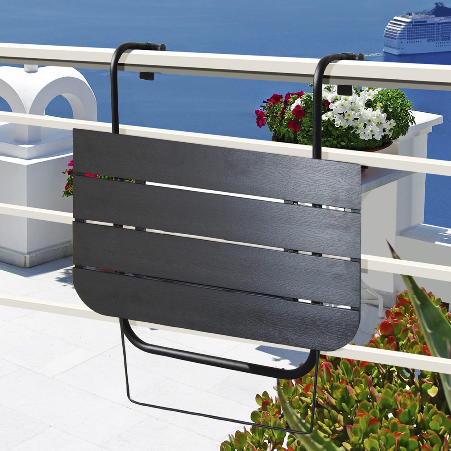 Balcony Table Hanging Deck Railing Table Outdoor Balcony Bar Tables for Railings Aluminium Folding Adjustable for Patio Deck Garden Baluster Windows 23.6" x 15.7", All Weather Space Saving Black