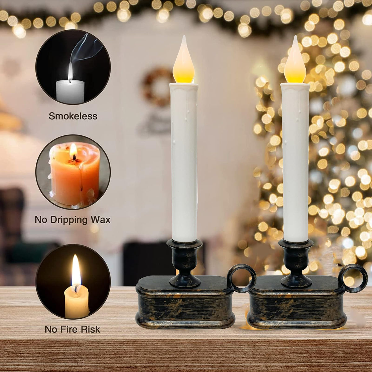 GOOTHY Set of 4 Battery Operated LED Window Candles, Dusk to Dawn Light Sensor, Flicker Flame Christmas Window Candles with Bronze Base, 10 Inch Flameless Taper Candle for Table Bedroom Christmas