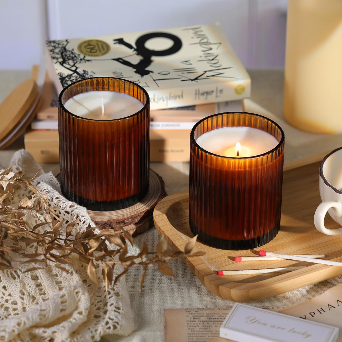 sunnyfuture 10 OZ Amber Candle Jars for Making Candles Set of 8, Ribbed Glass Candle Jars with Wood Lids and Labels, Candle Containers for DIY, Gifts, Home Decoration