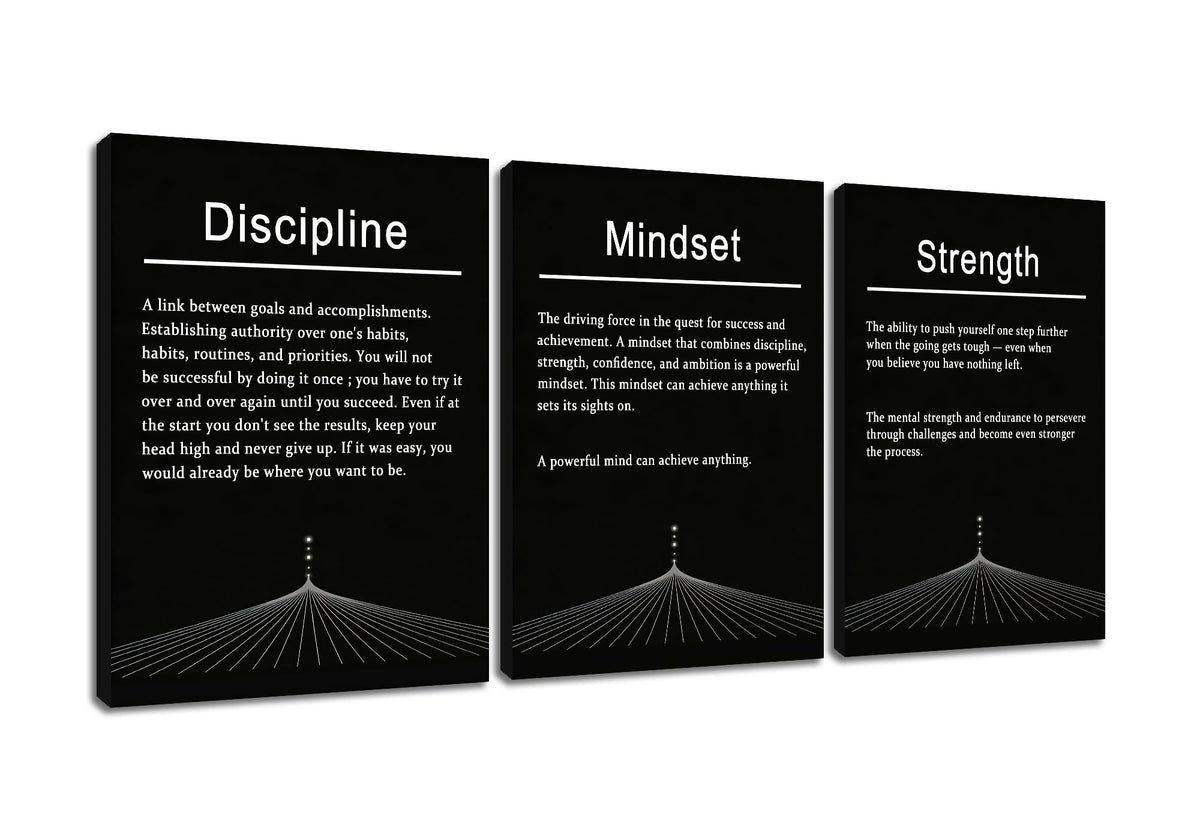 PSYYSP 3 Piece Motivational Wall Art Discipline Strength Mindset Quotes Canvas Pictures Framed Black And White Inspirational Posters For Office Decor Home Gym Modern Minimalist Artwork, 36x16 Inch