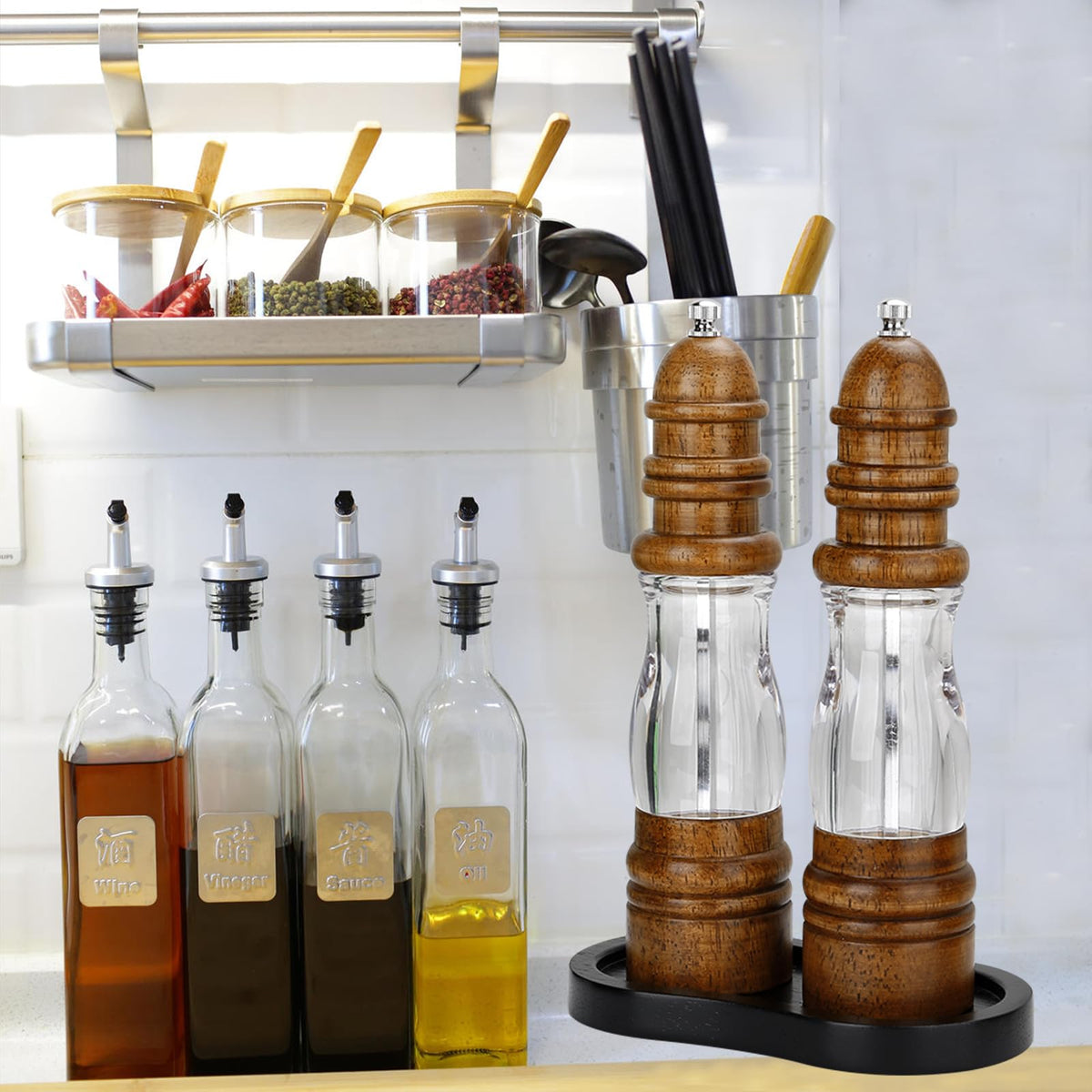 BINHAI Black Salt and Pepper Mill Tray, Pepper Grinder Wood Rest, Work Surface and Dining Table Protector (Pepper mill not included)
