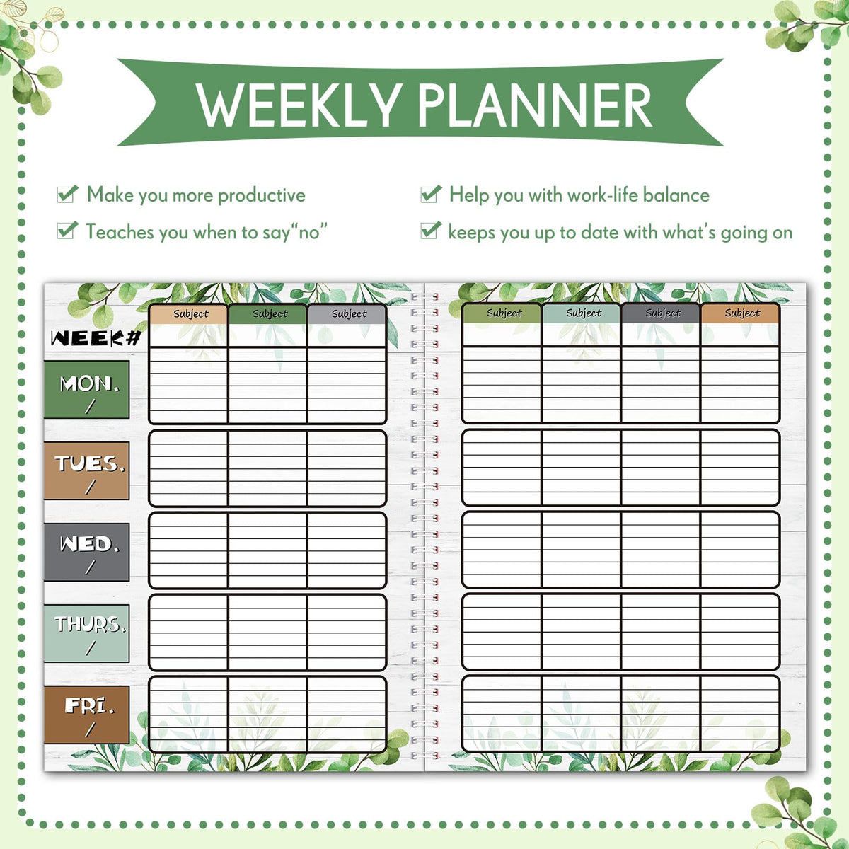 Fuyoooo Eucalyptus Teacher Planner Undated Academic Year Teacher Lesson Planner Book Green Plants Daily Weekly Monthly Spiral Planner Checklist Organizer with Stickers for Classroom, 8.5'' x 11''