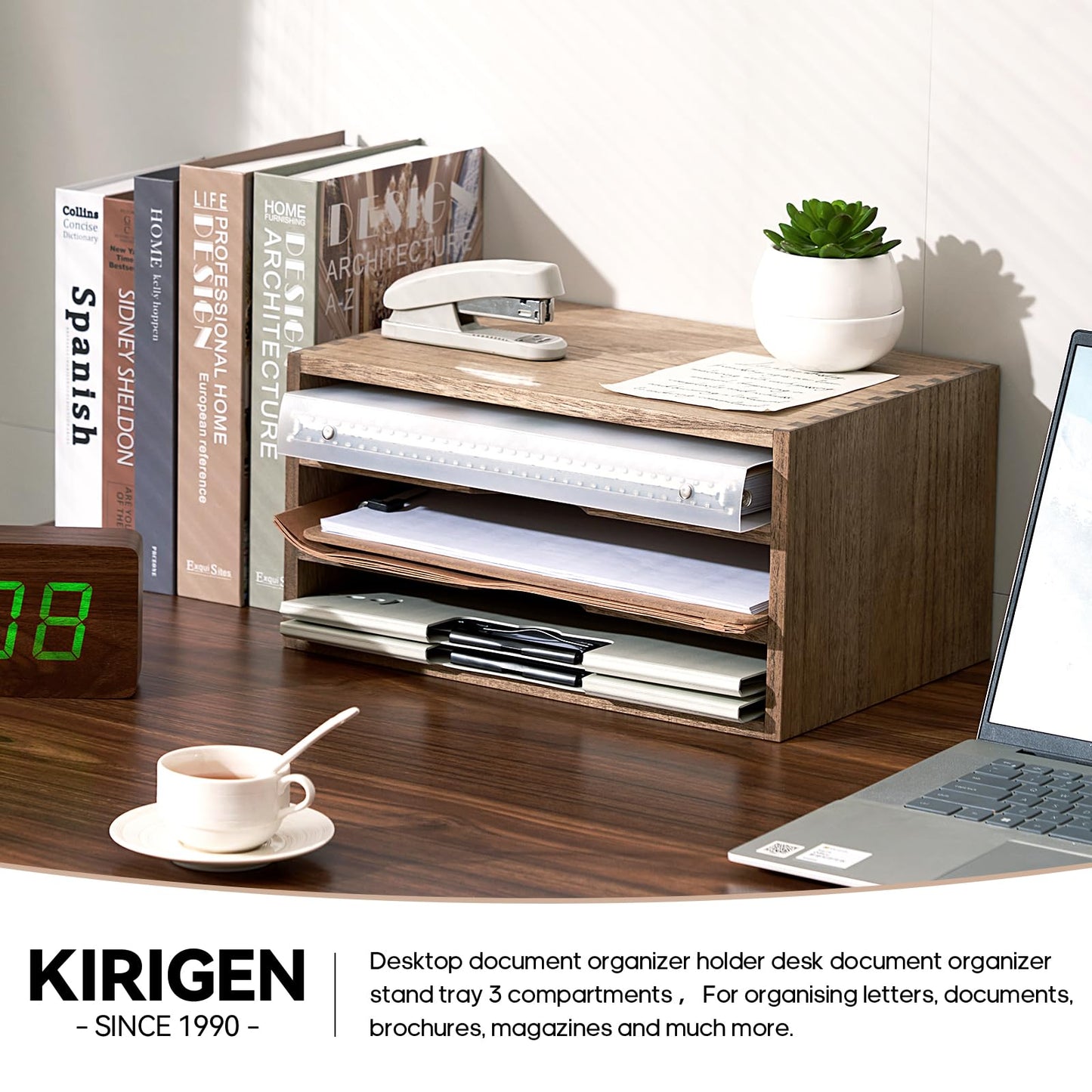 KIRIGEN Wooden Desktop Organizer, 3 Tier Solid Wood Letter Tray and Paper File Sorter for Desk, Freestanding Office Document Holder for Mail, Magazines, Folders, 13.78 x 9.45 x 7.08 in Brown 3KWJG-DBR