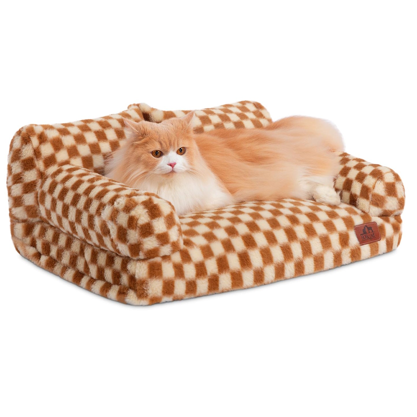 Hollypet Fluffy Dog Cat Bed Pet Couch Beds Plush Soft Warming Washable Puppy Bed for Small Medium Dogs and Large Cats, Brown and Light Yellow, 24" L x 18" W x 10" Th
