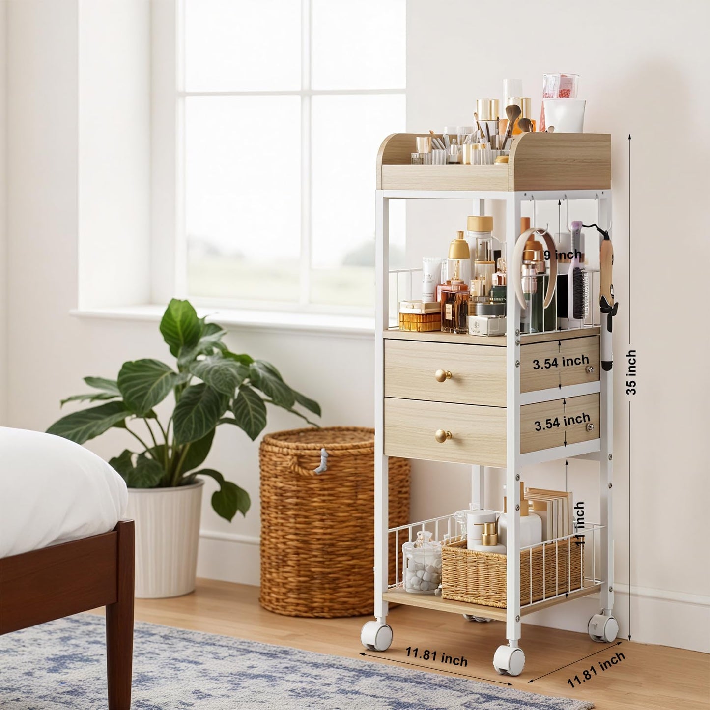 DongRong Makeup Organizer Cart, Rolling Floor Skincare Organizer and Storage with 2 Wooden Drawers, Cosmetics Display Cases Holder for Skin Care Perfume Hair Tools Nail Polish