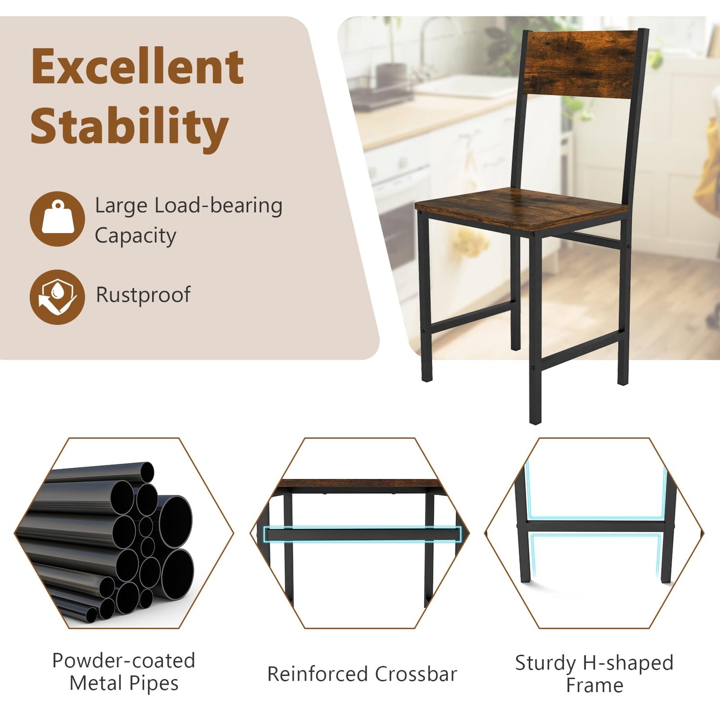 Giantex Dining Chairs Set of 2, Industrial Kitchen Chairs with Metal Legs, Slanted Back, Rustic Wood Grain, Armless Side Chairs for Dining Room, Restaurant, Living Room, Rustic Brown & Black