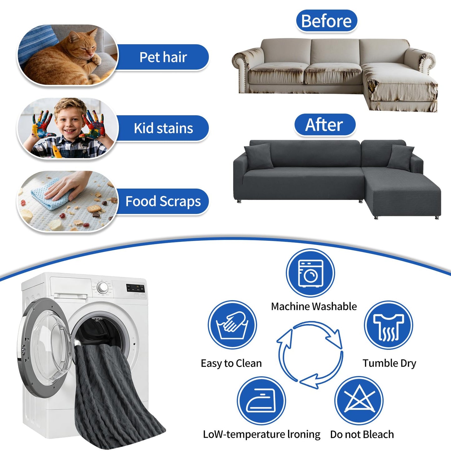 XINEAGE Sectional Couch Cover High Stretch L Shaped Sofa Cover 2 Pieces Non Slip Slipcover with Chaise Furniture Protector with 2 Pillowcases for Pets & Dogs (3 Seat Sofa + 3 Seat Chaise, Dark Gray)