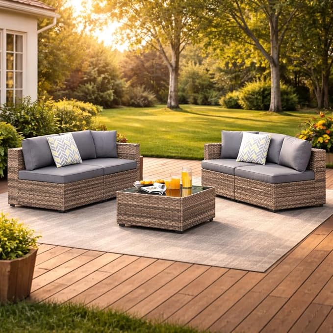 SUNLEI 5 Piece Patio Furniture Sets, Low Back All-Weather Rattan Sectional Sofa