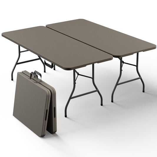 2 Pack Folding Table 6ft - Heavy Duty Plastic Table with Handle, Foldable & Portable, Fold-in-Half Utility Tables for Outdoor, Dining, Wedding, Events, Indoor, Picnic, Camping, Party (Khaki)