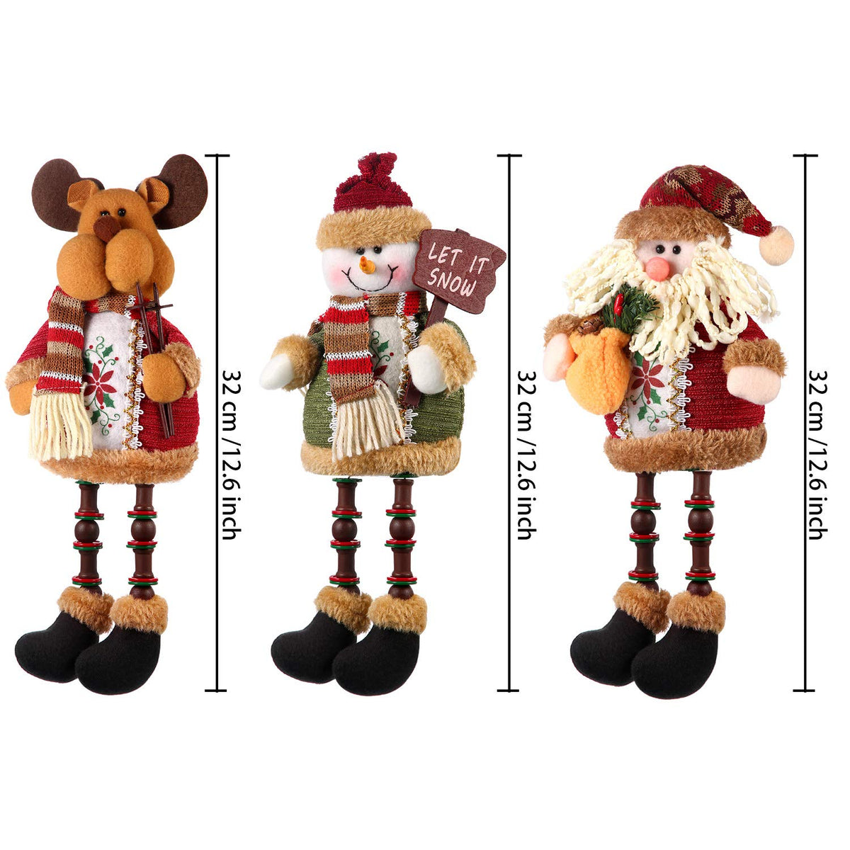 Sumind 3 Pcs Christmas Sitting Doll Santa Claus Snowman Reindeer Sitter Christmas Ornament with Long Legs Xmas Figurines Plush for Table Fireplace Home Decoration