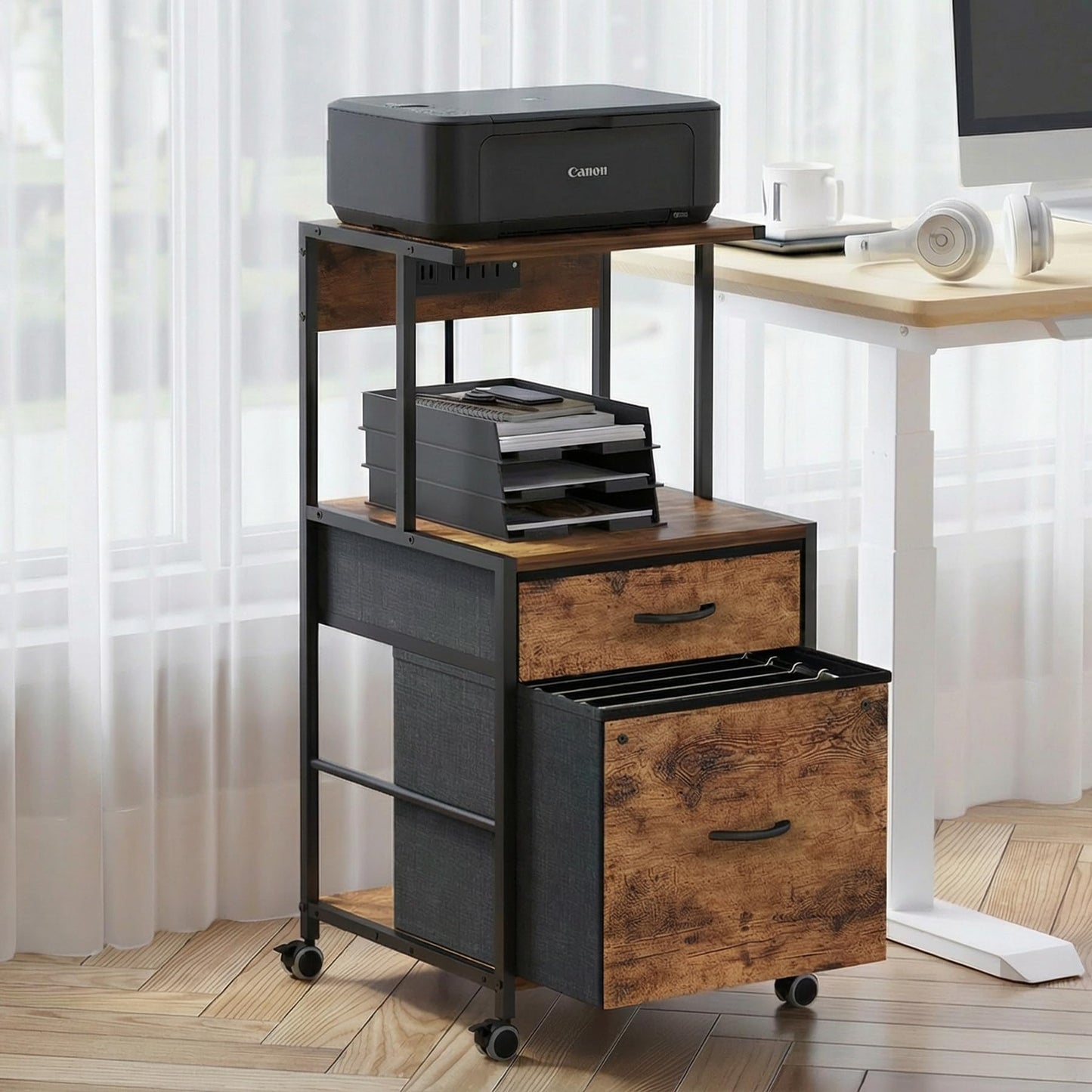 VonDream Printer Stand with Charging Station, File Cabinet for Home Office
