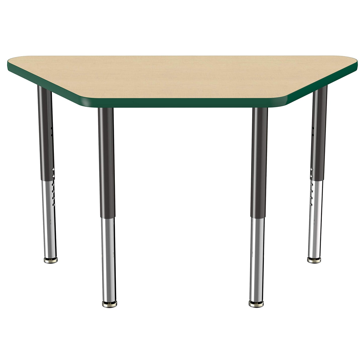 FDP Mobile Trapezoid Activity School and Office Table (24 x 48 inch), Super Legs with Glides and Casters for Collaborative Environments, Adjustable Height 19-30 inches - Maple Top and Green Edge
