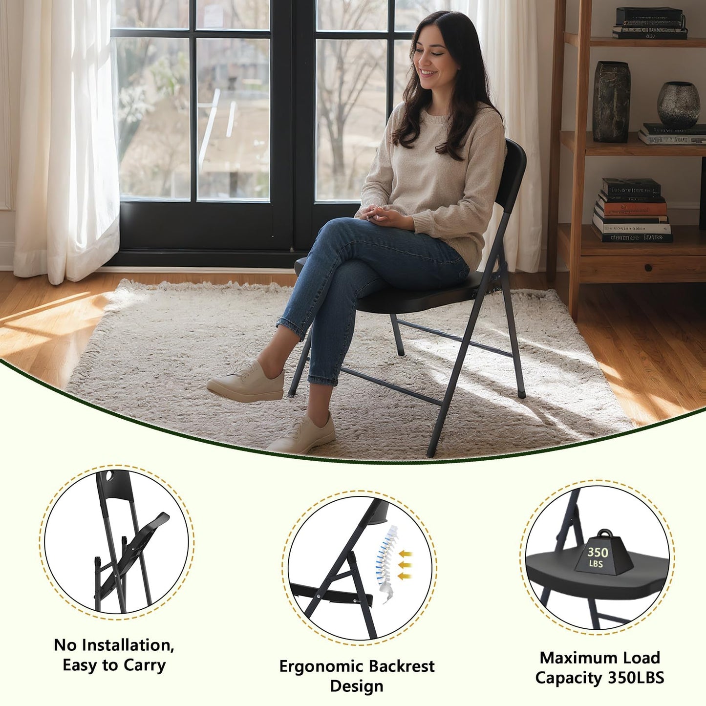 MAKE CHANGES Black Folding Chairs 6 Pack, Outdoor Portable Plastic Foldable Chairs with Metal Frame, 350lbs Capacity Heavy Duty Folding Chairs for Patio, Picnic, Kitchen, Dining, Party