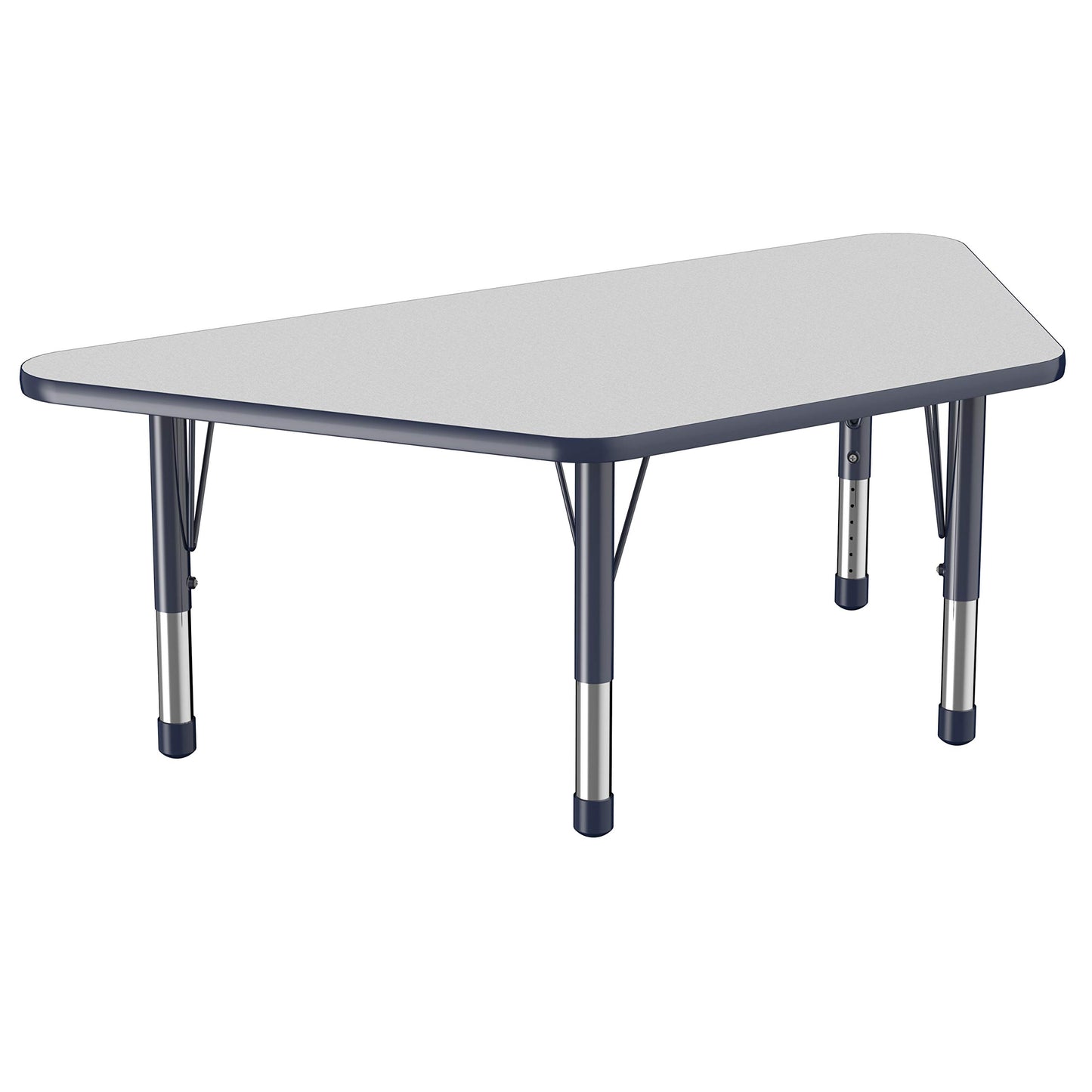 FDP Trapezoid Activity School and Classroom Kids Table (30 x 60 inch), Chunky Toddler Legs for Collaborative Seating Environments, Adjustable Height 15-24 inches - Gray Top and Navy Edge