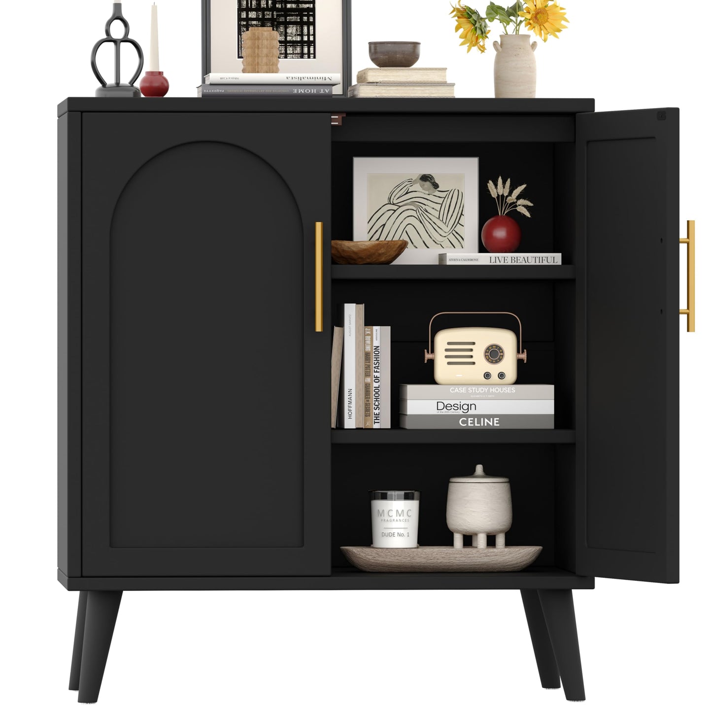 Keehusux 15.7" D Black Buffet Cabinet with Storage, Accent Buffet Sideboard with Adjustable Shelf and Solid Wood Legs, Modern Floor Storage Cabinet for Kitchen, Living Room, Black