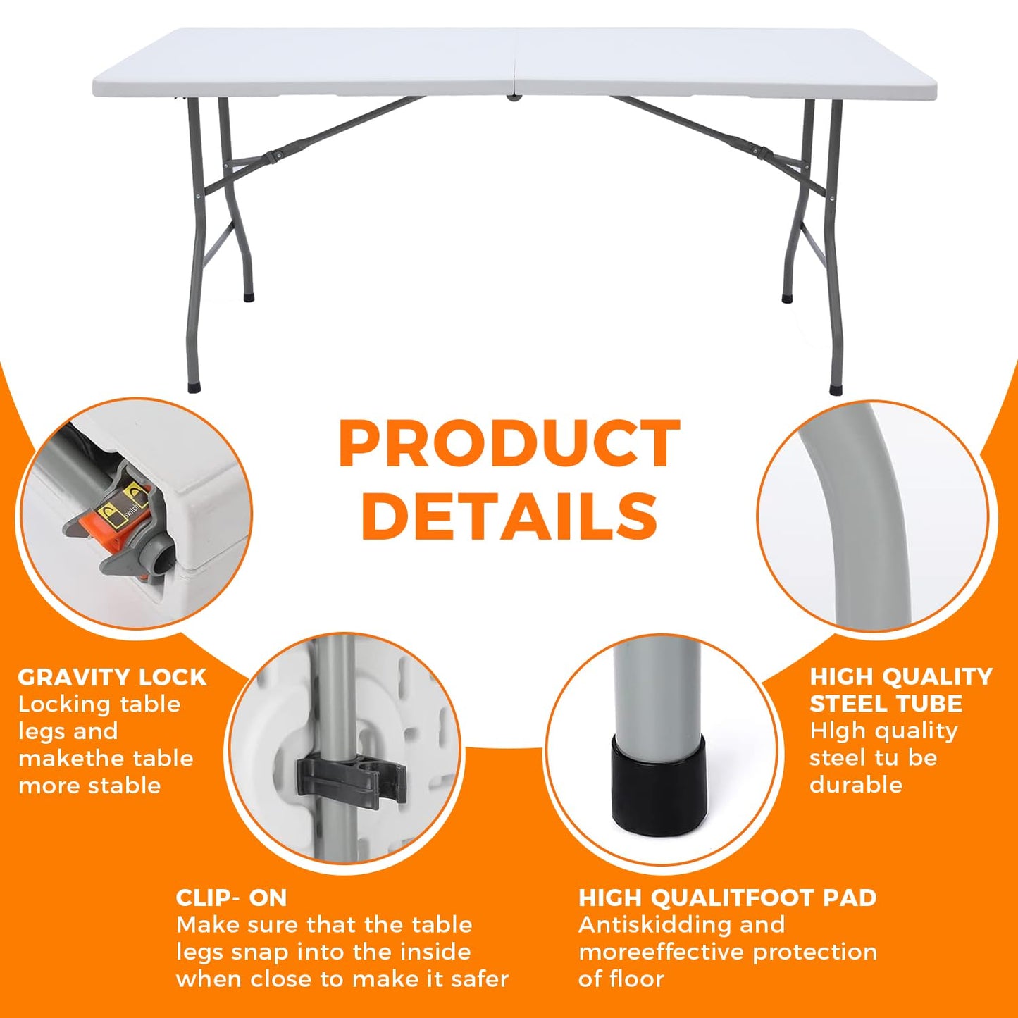 Lakhow 6 FT Folding Table,Outdoor Indoor Plastic Table Portable Square Height Dining Table Perfect for Picnics, Parties, Party and Camping, White