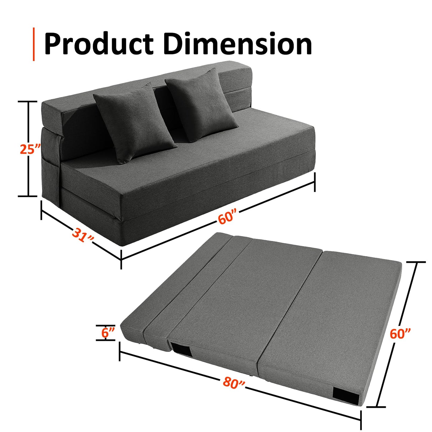 JKMAX Queen Size Folding Sofa Bed - 4 in 1 Sleeper Chair with Two Pillows - High Density Memory Foam Futon Couch - Convertible Folding Bed with Washable Modern Linen Cover for Apartment (Dark Grey)