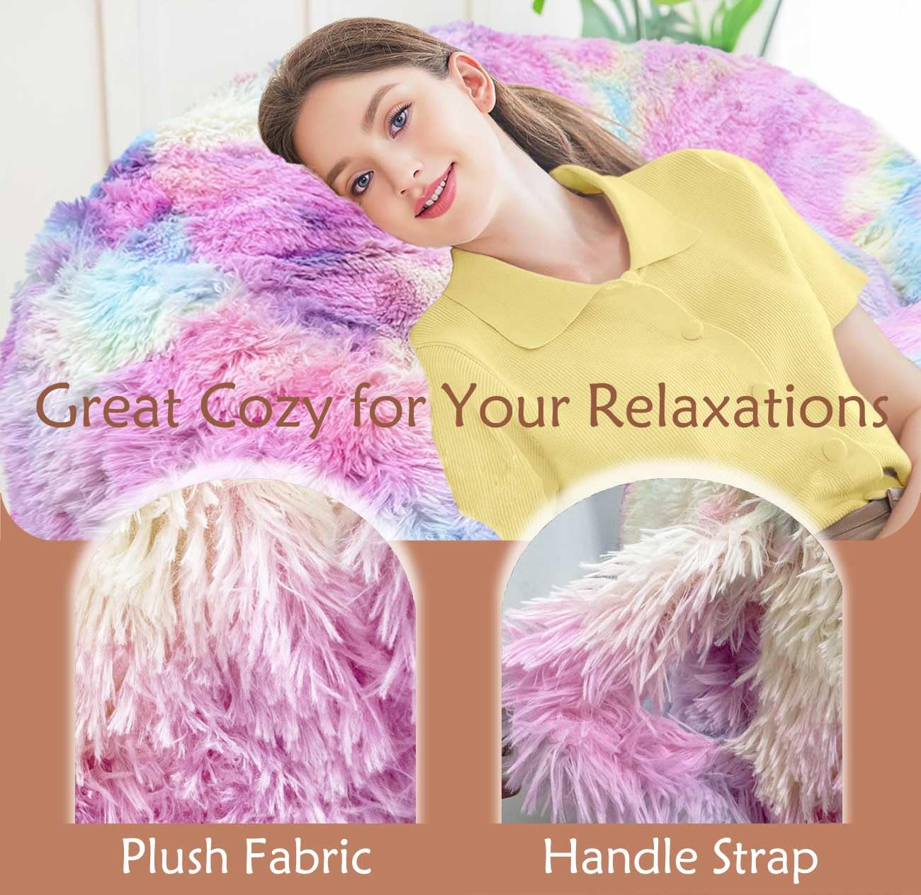 Plush Faux Fur Bean Bag Chairs, Memory Foam Filled Sofa Chair Shape Bean Bag for Adults/Teens/Kids, Ultra-Soft Lazy Sofa for Living Room Bedroom College Dorm, Rainbow