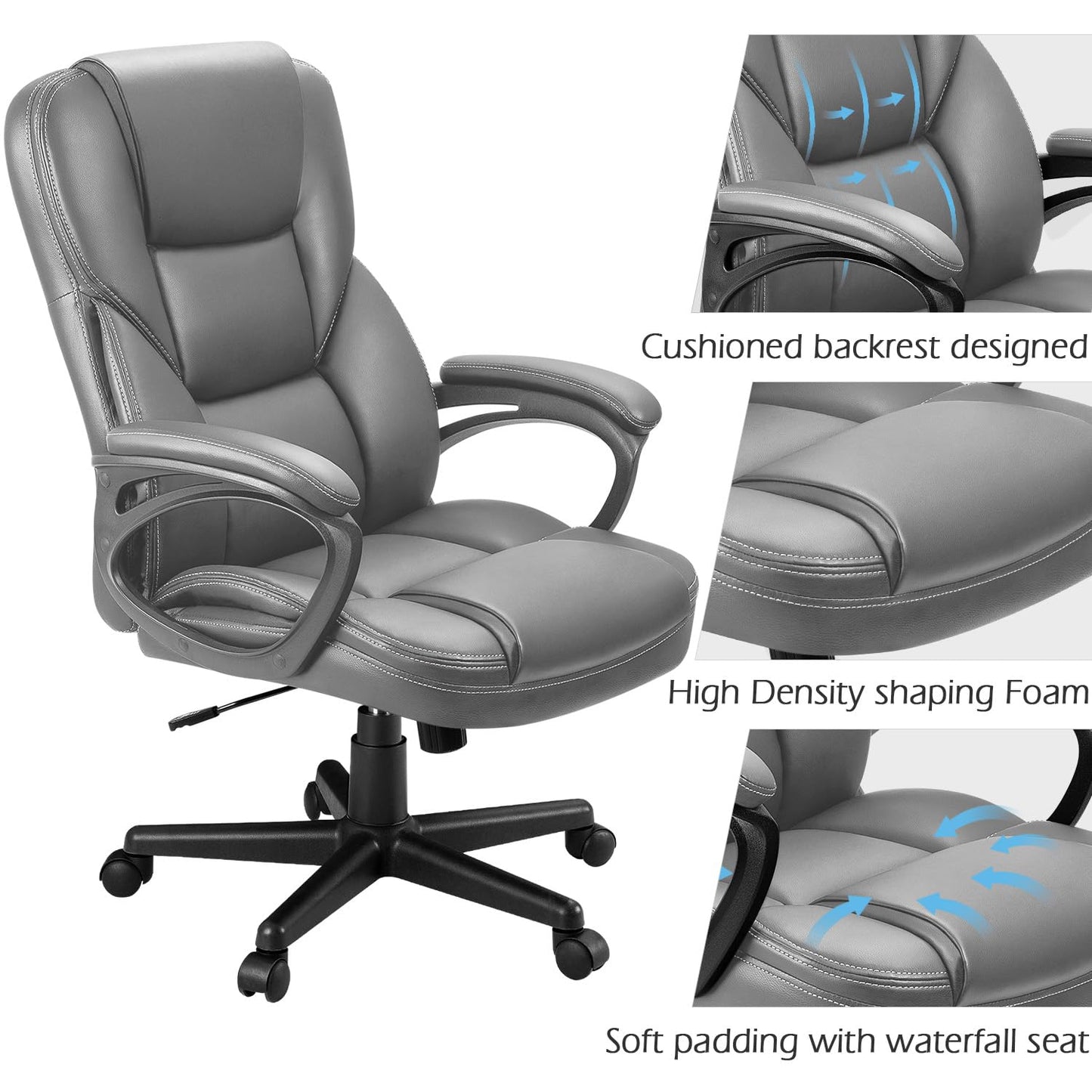 Furmax Office Executive Chair High Back Adjustable Managerial Home Desk Chair, Swivel Computer PU Leather Chair with Lumbar Support (1, Gray)