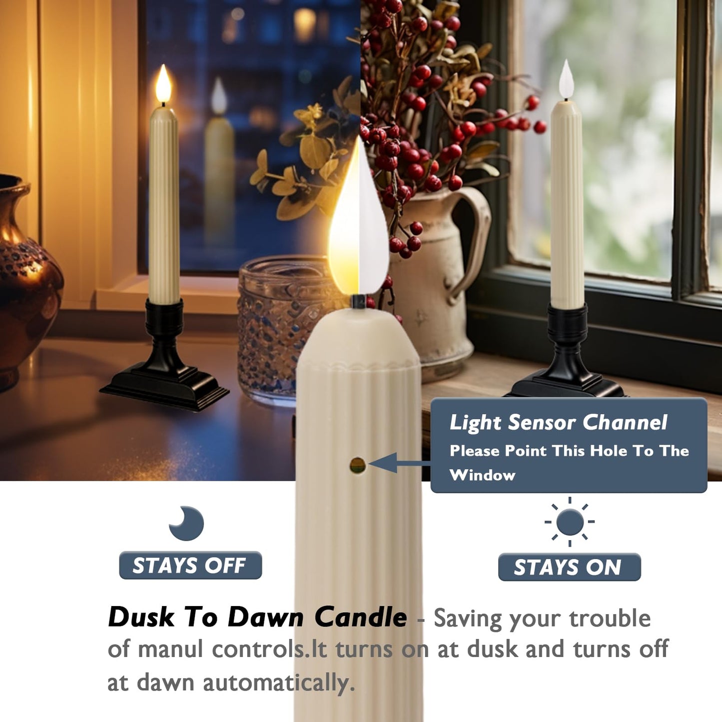 Homemory 6 Pcs Window Candles with Sensor Dusk to Dawn, Ivory Electric Window Candle Flickering, Christmas Fake Candles Battery Operated, Led Candlesticks with Black Holders for Xmas Holiday Decor