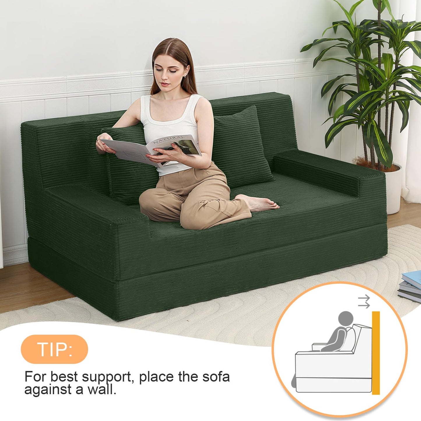 MeMoreCool Boneless Loveseat Sofa Bed – Dark Green Corduroy Convertible Futon Couch, Foldable Floor Sleeper with Foam & Pillow, Washable Cover for Bedroom, Apartment, Small Living Room