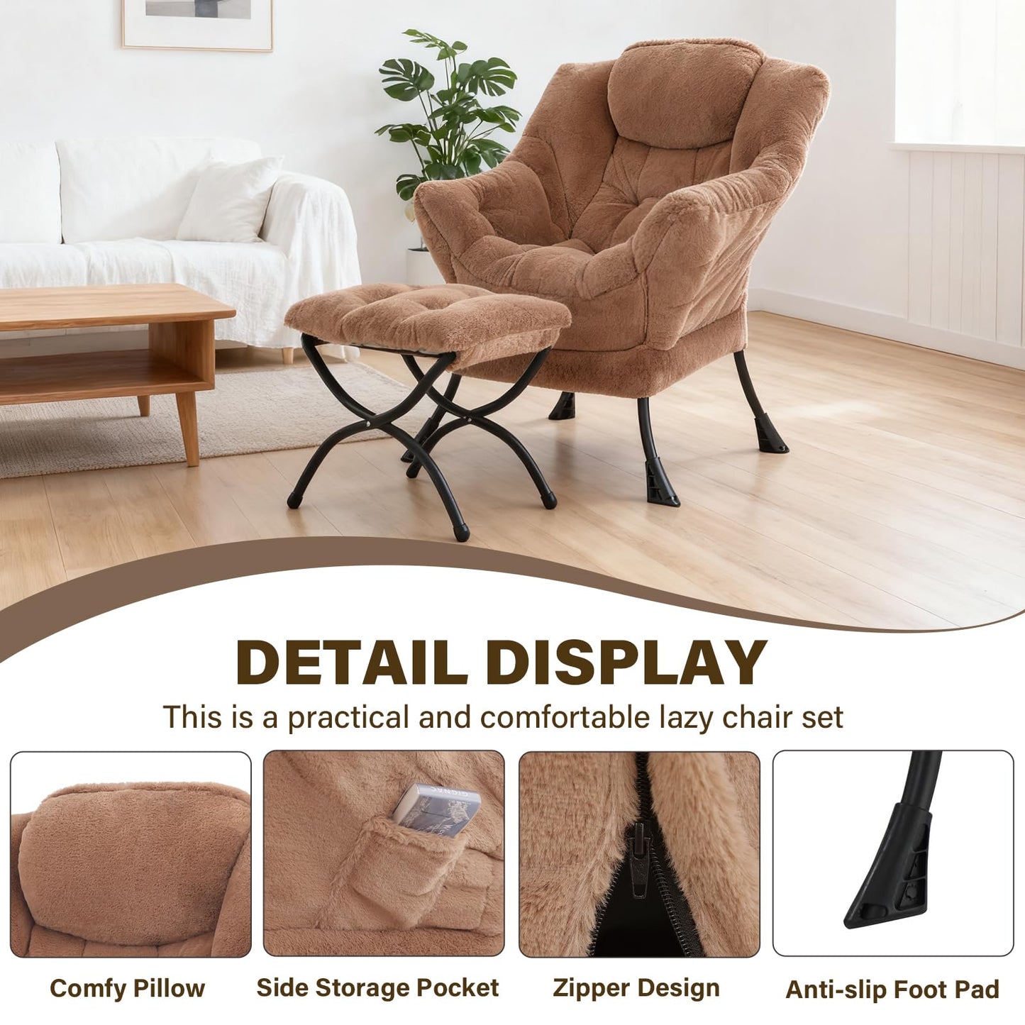 SESHINELL Lazy Chair with Ottoman, Modern Accent Chair Lounge Leisure Sofa Chair with Armrests, Reading Chair and Folding Footstool for Living Room, Bedroom, Office, Plush Brown