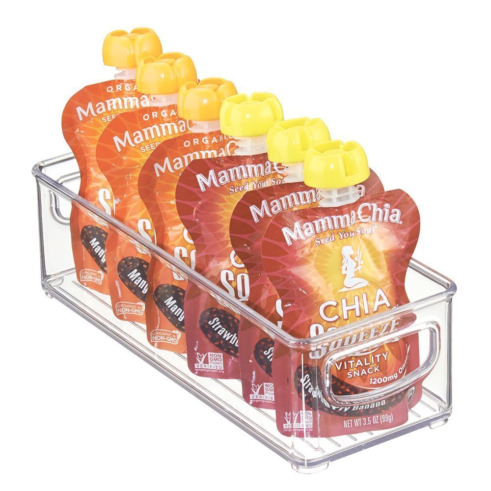 mDesign Stackable Plastic Food Storage Bin with Handles for Kitchen Pantry, Cabinet, Refrigerator, Freezer - Organizer for Fruit, Yogurt, Squeeze Pouches - BPA Free, 10" Long - Clear