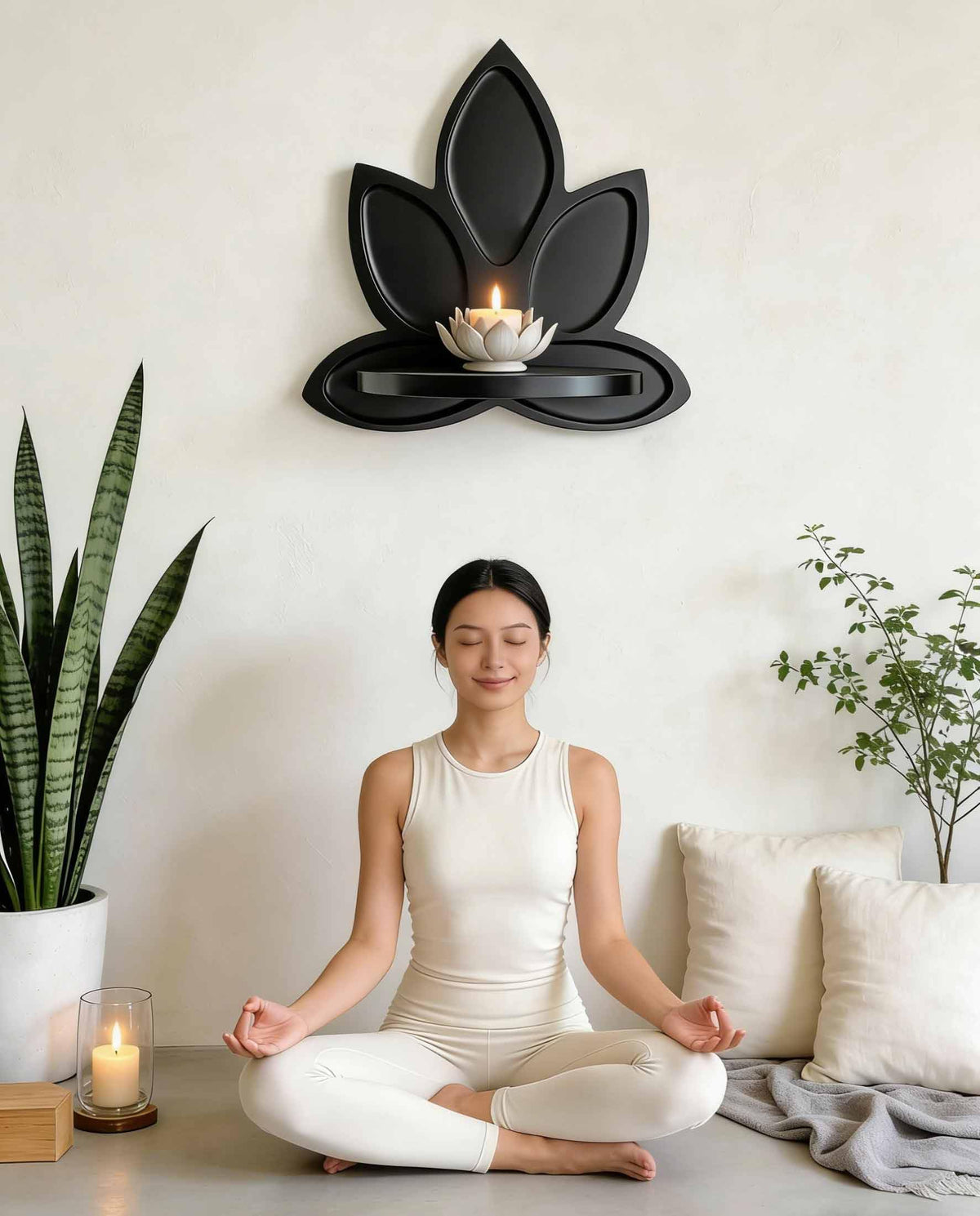Homtik Small Carved Lotus Flower Wooden Floating Wall Shelf, Boho Zen Spiritual Home Decor for Office, Living Room, Bedroom, Yoga & Meditation Space