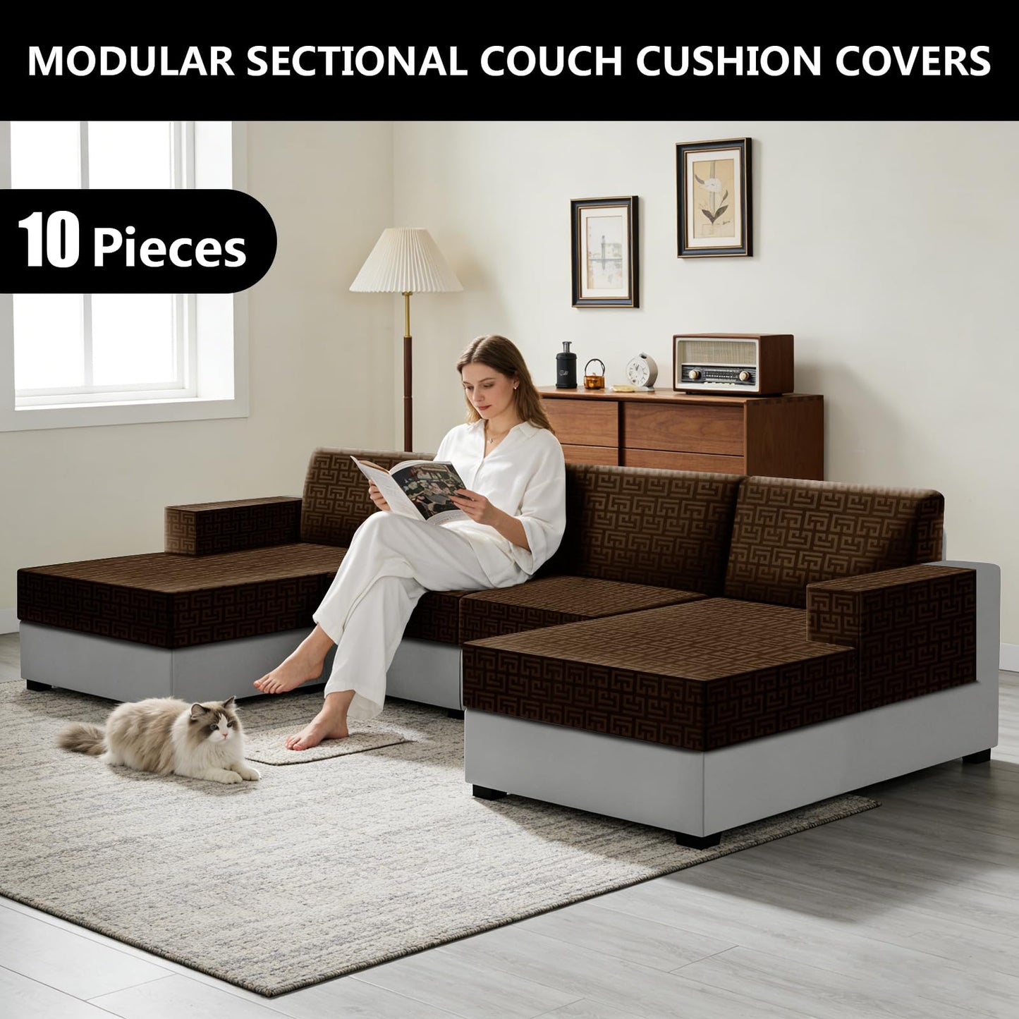UNBBRRL 10 Pieces Stretch Sofa Cushion Covers for U-Shaped Modular Sectional Couch with 4 Seats+4 Backs+2 Arms, Upholstered Covers for Sofa Bed with Deep Double Chaise (Caramel,10 Pieces Set)