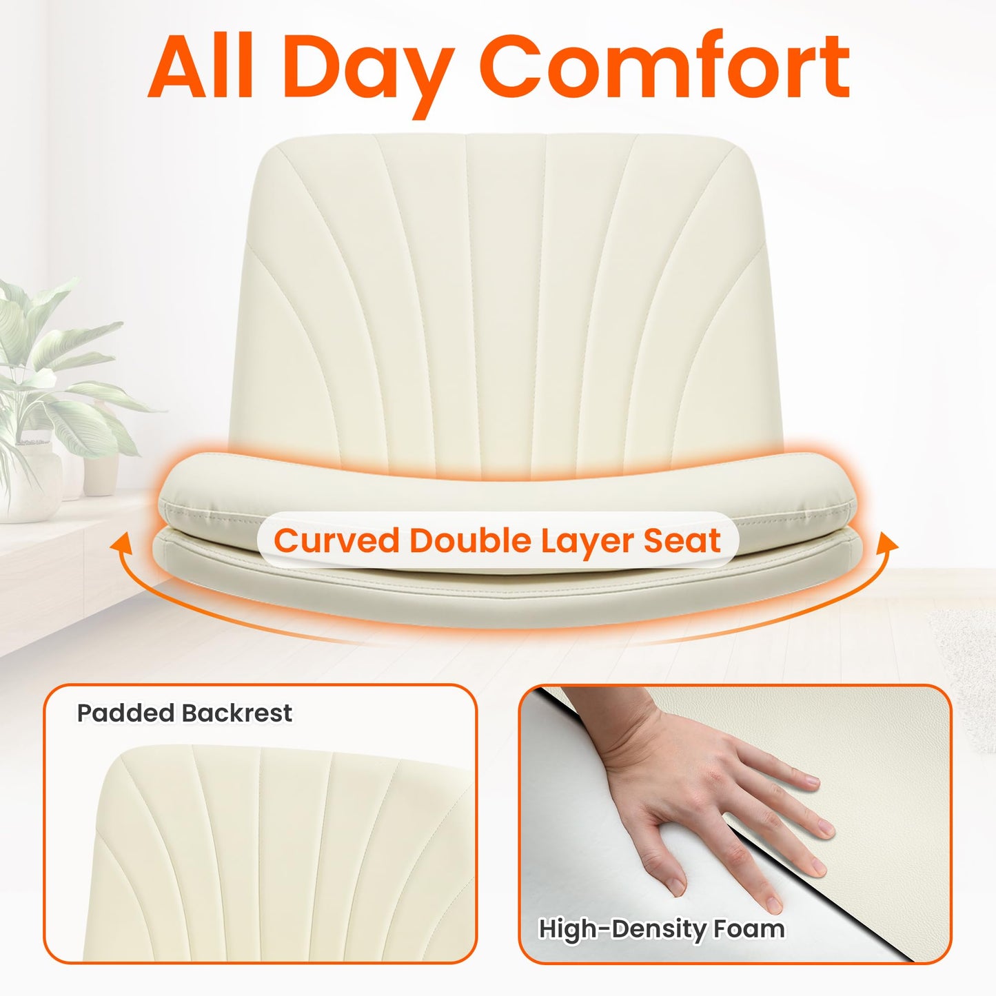 Orange Factory Criss Cross Chair with Wheels Comfy Wide Vanity Desk Chair Dual Base Leather Armless Adjustable Swivel for Home Computer Task (Beige Pu, Faux Leather)
