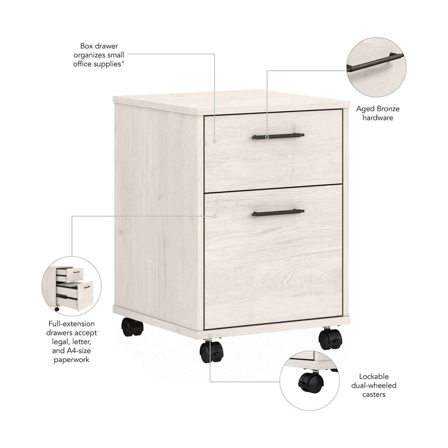 Bush Furniture Key West 2 Drawer Rolling File Cabinet in Linen White Oak Mobile Organization for Home Office Small Under Desk Storage on Wheels
