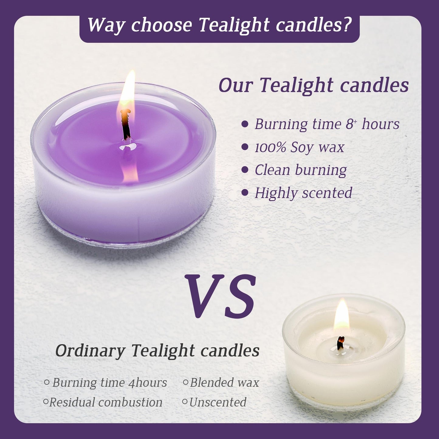 Lavender Scented Tealight Candles, 6 Pcs Natural Soy Tea Lights Candle - 8 Hours Long Burn Time, Extra-Large Smokeless and Clean Burn Tealight Candles for Home Dinner Weddings Party