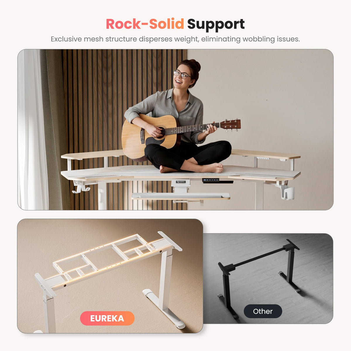 EUREKA ERGONOMIC Standing Desk with Keyboard Tray, Large Music Studio Gaming Desk, Wing Shaped Sit Stand Table 72'', LED Convertible Shelves, Dual Motor&Slot, Maple