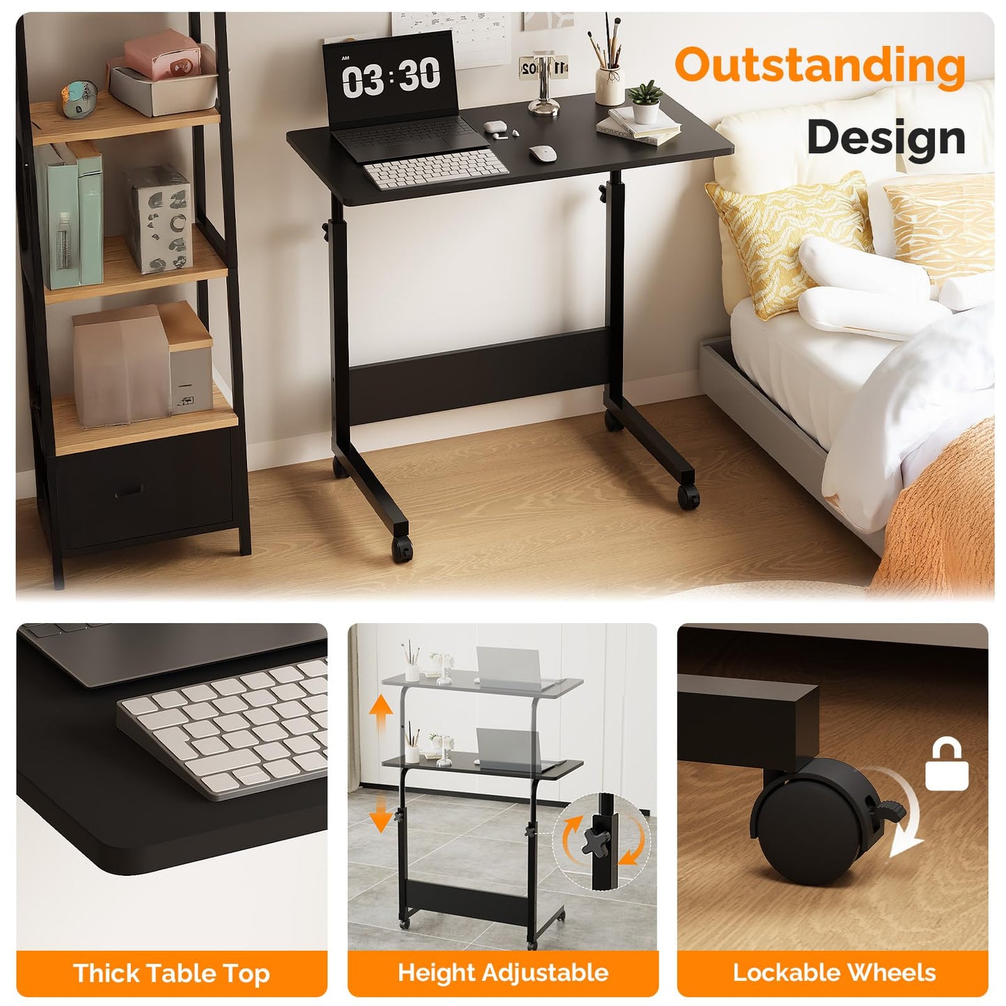 FCH Portable Computer Workstation, Standing Desk Adjustable Height, Small Computer Desk w/Rolling, Sit Stand Laptop Desk TV Tray for Bed Sofa Hospital Reading Eating,Black, 31.5"