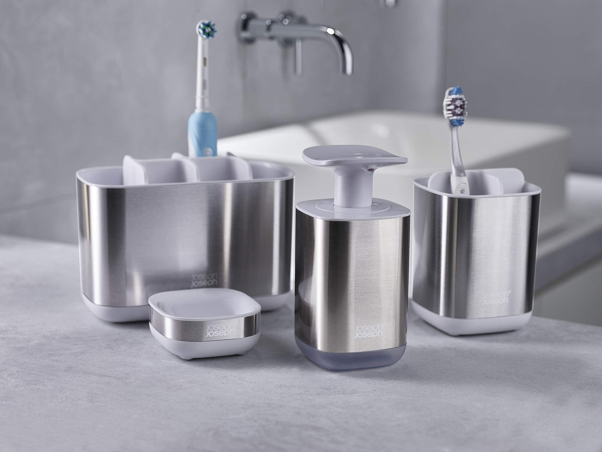 Joseph Joseph EasyStore Stainless-Steel Toothbrush Holder Bathroom Storage Countertop Organizer Caddy, Small