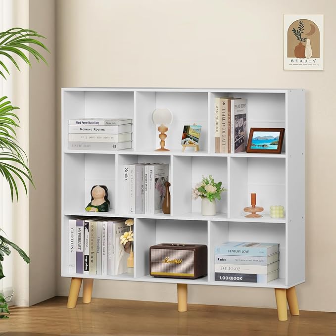 YAHARBO 10 Cube White Bookshelf, 3 Tier Book Shelf