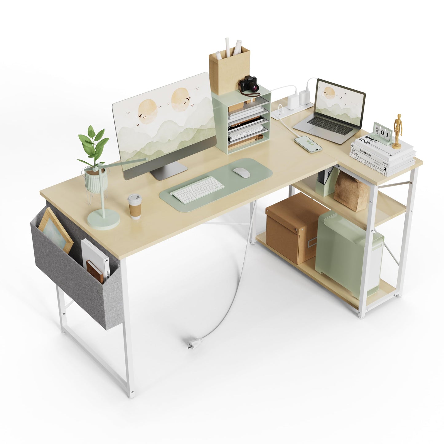 TIQLAB Small Computer Desk with Power Outlets, 40 Inch L Shaped Desk with Reversible Shelves, Gaming Desk Corner Desk Study Writing Table for Home Office Bedroom Living Room, Beige