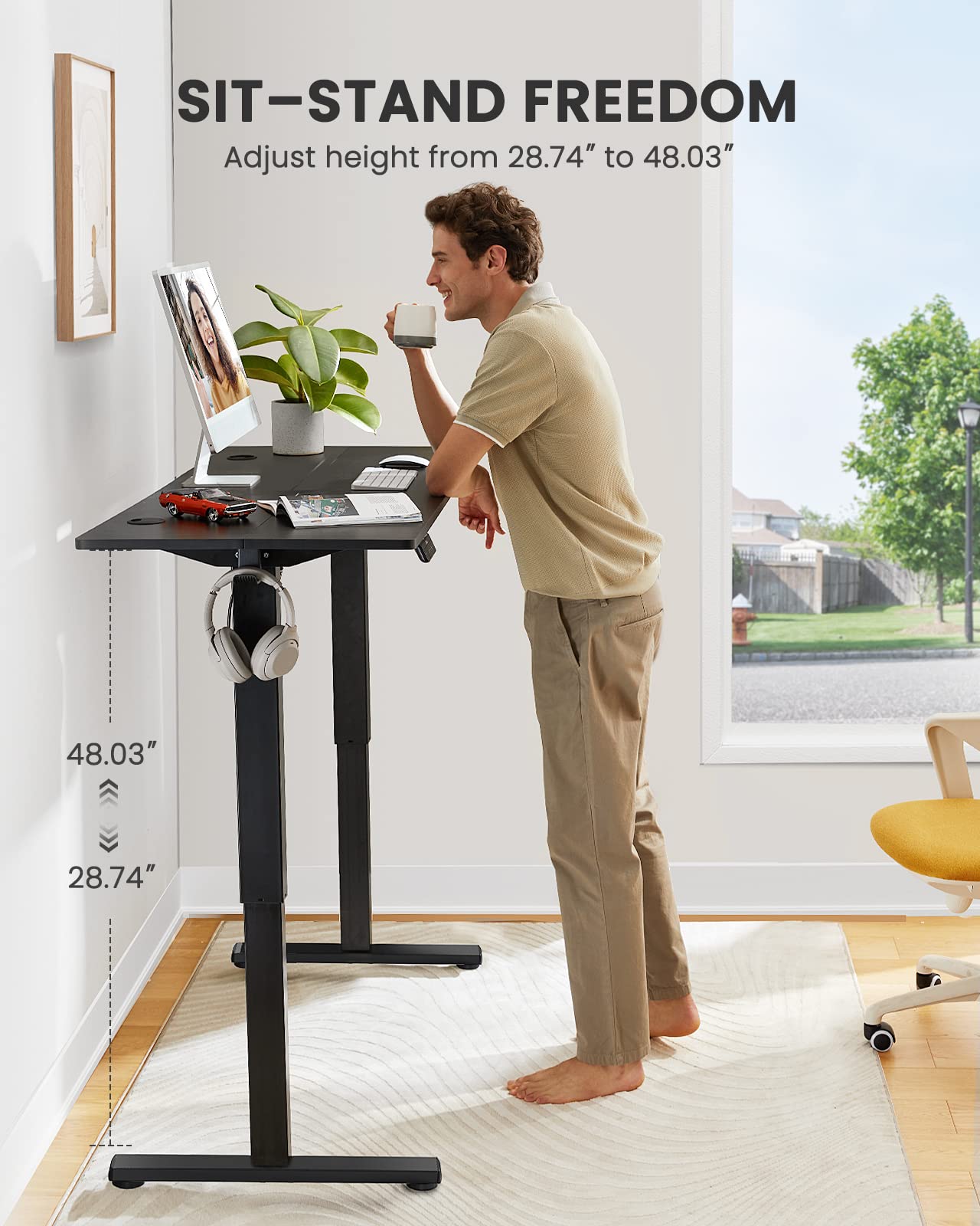 ErGear Electric Standing Desk, Height Adjustable Sit Stand up Desk with Wheels, Memory Computer Workstation Table with Splice Board for Home Office, 48 x 24 Inches, Black