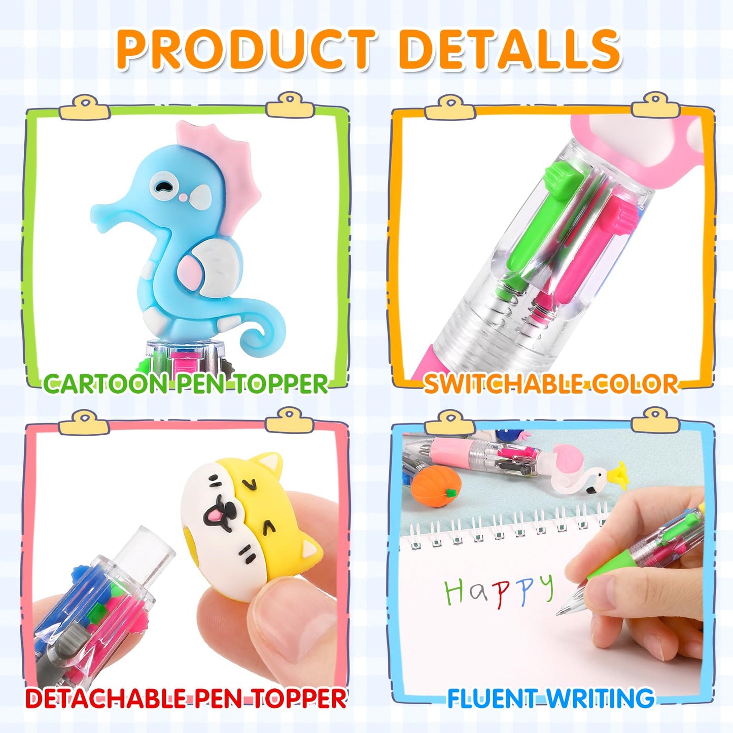arscniek 60Pcs Multicolor Pen in One, 4-in-1 0.5mm Fine Point Cute Pens, Fun Kawaii Ballpoint Pen for Party Favors, Classroom Prizes, Teacher School Supplies, Bulk Gifts for Students