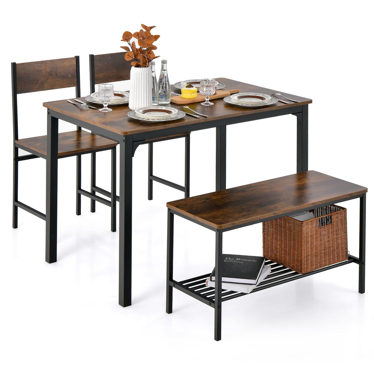 Giantex Dining Table Set for 4, Kitchen Table with Bench and Chairs, Industrial Gathering Bench Dining Set W/Metal Frame & Storage Rack, Dinette Set, Modern Functional Desk Set (Rustic Brown)