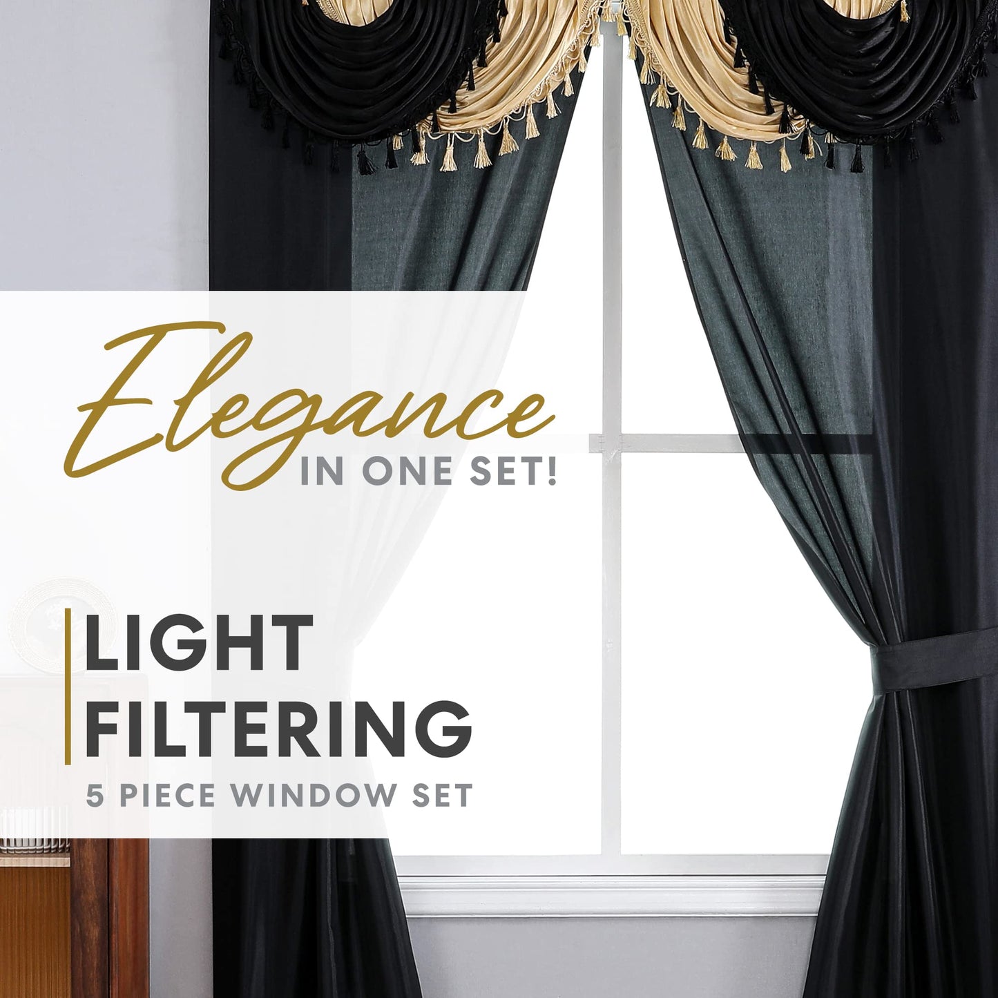 Regal Home Collections Amore 5-Piece Window Curtain Set - 54-Inch W x 84-Inch L Panels with Attached Valance and 2 Tiebacks - Bedroom and Living Room Gothic Curtains (Black/Gold)