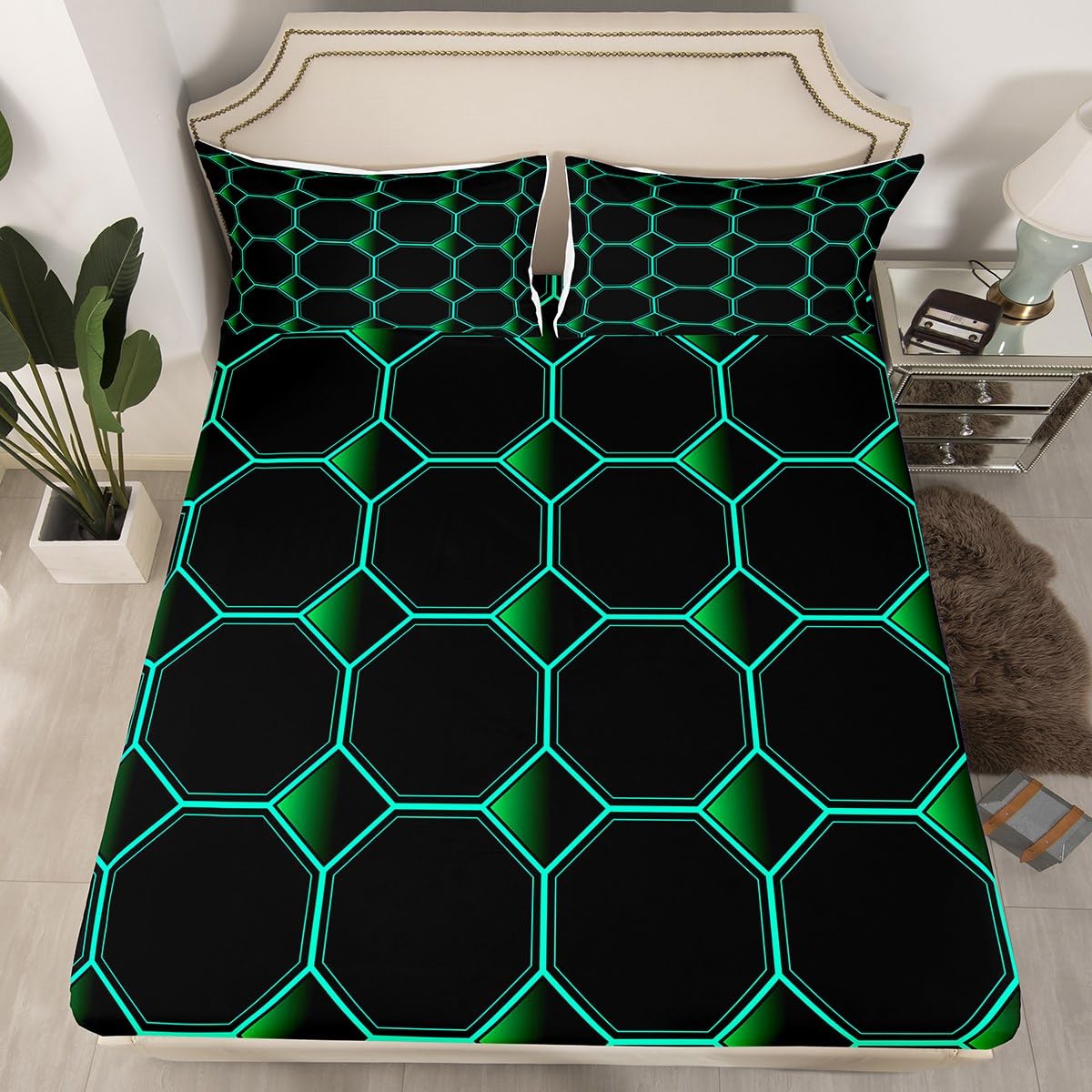 Honeycomb Bed Sheets Set Queen Size Geometric Hexagonal Beehive Sheet Set for Boys,3D Stereoscopic Green Hexagon Sheets,Neon Simplistic Geometrical Black Room Decor