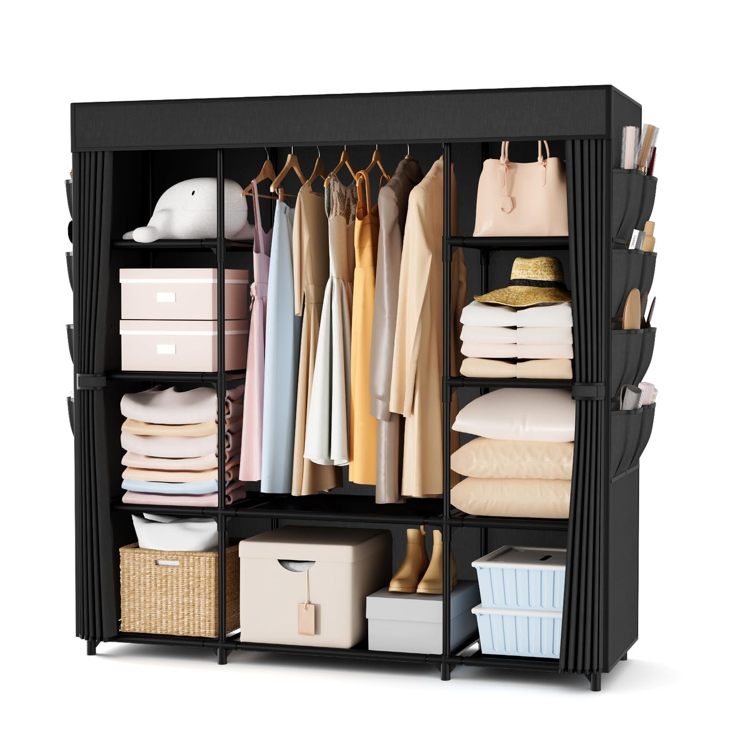 BrFoYu Portable Closet for Hanging Clothes 57.3 Inch Large Capacity Wardrobe Closet with Cover, 8 Pockets and 1 Hanging Rod, Easy Assembly Closet Organizer for Bedroom, Black