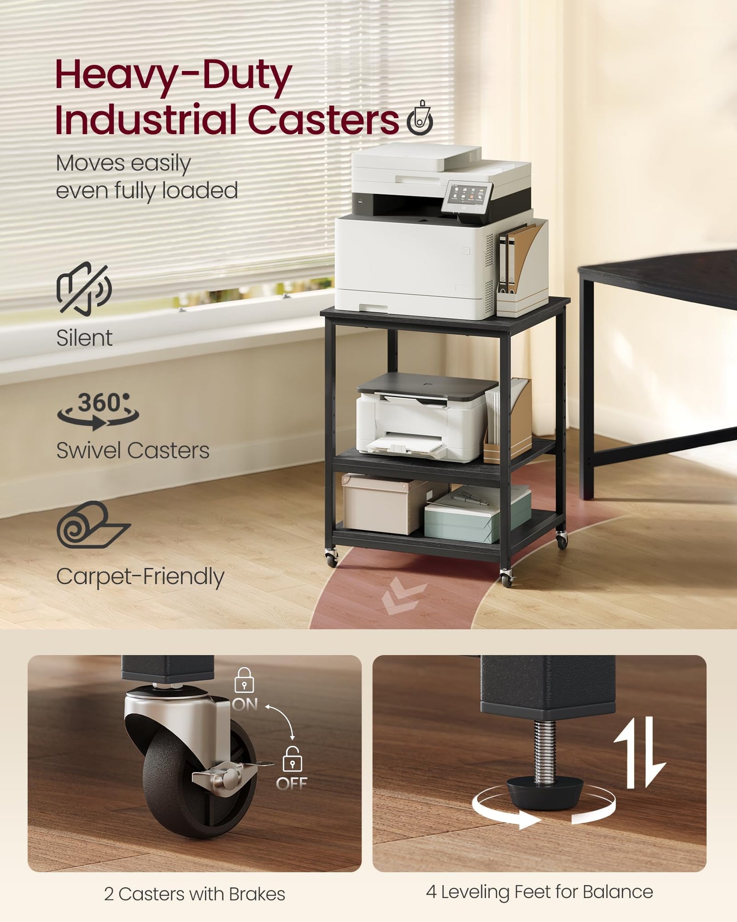 VASAGLE Printer Stand with Locking Wheels, Industrial Mobile Cart, Under Desk Printer Table for Home Office, 23.6 x 19.7 x 29.6 Inches, Storage Shelf, 3-Tier, Ebony Black