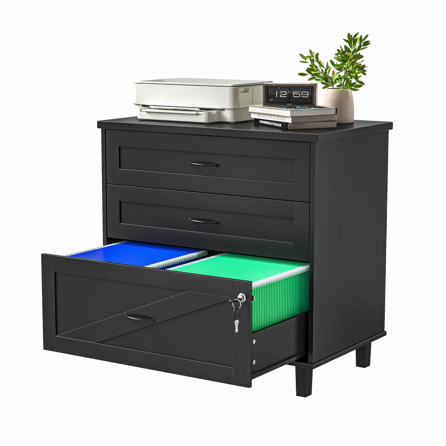 Quikraen Large Wooden File Cabinet Black 32in Lateral Filing Cabinets 3 Drawer with Hanging File Folders for A4 Letter Legal Wood Office Storage Organizer Furniture Printer Stand
