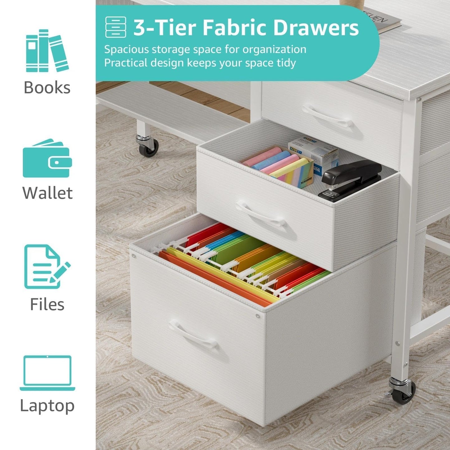 WINAZ Rolling Teacher Desk with File Drawers - 47 Inch Mobile Computer Desk with Privacy Panels & 3 Storage Drawers on Wheels, White Office Desks Workstation for Classroom & Home Office