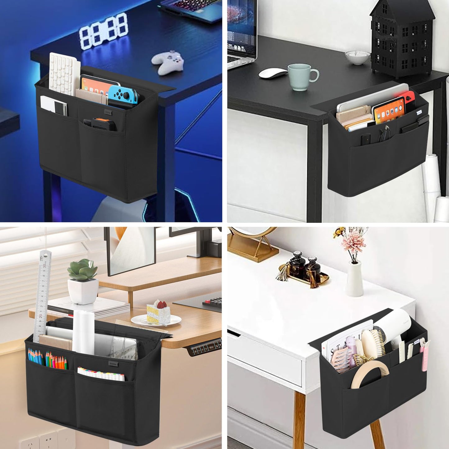 JOYYTUU 2 Pack Desk Side Hanging Organizer, Adhesive Storage Bag with Pockets for Magazine Ipad Notebook, for End Tables Home Office Desks Computer Workstations Dressing Table, Black